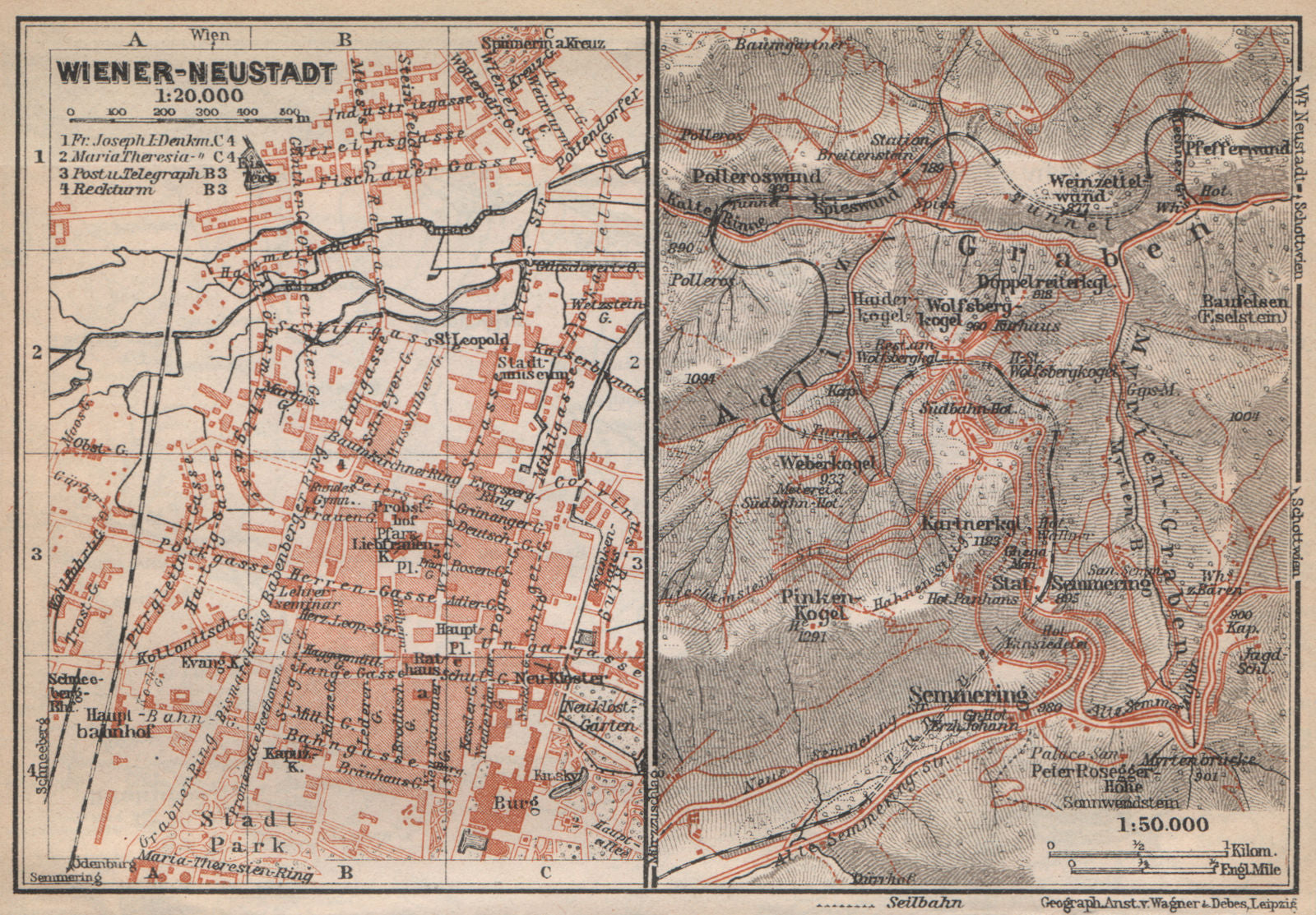 WIENER-NEUSTADT town stadt plan. SEMMERING environs.Austria Österreich 1929 map